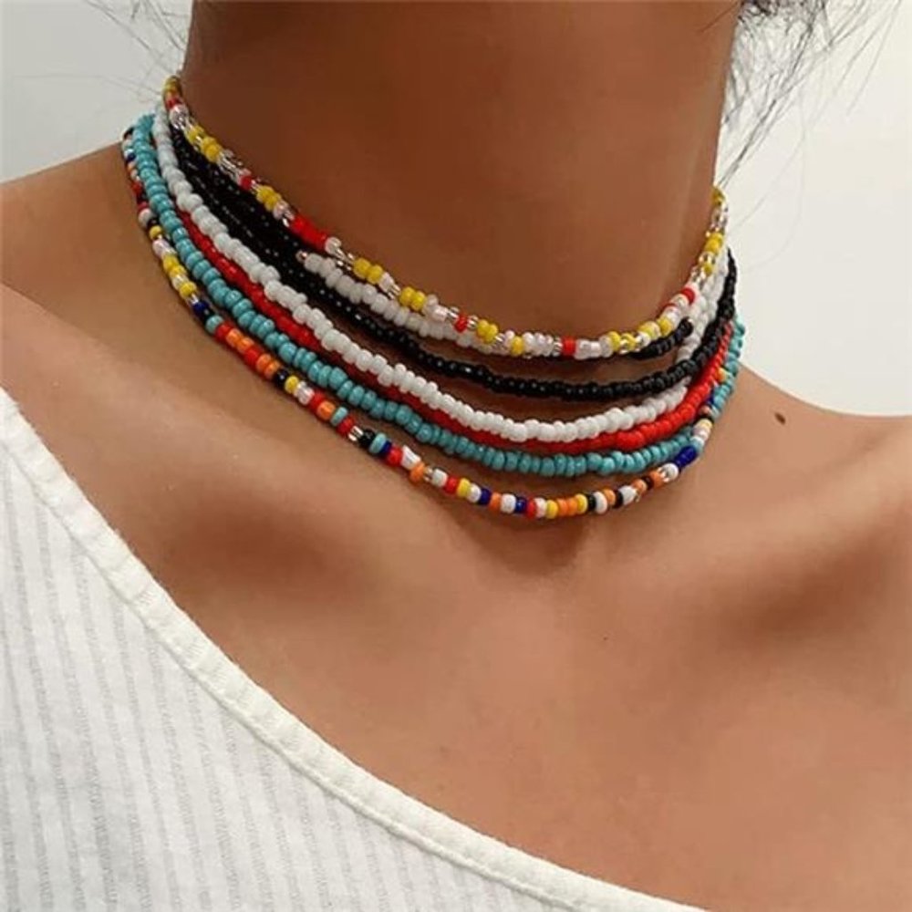 Boho Layered Beaded Necklaces Colorful Beads Choker Necklace Handmade (7PCS) - Picture 8 of 8